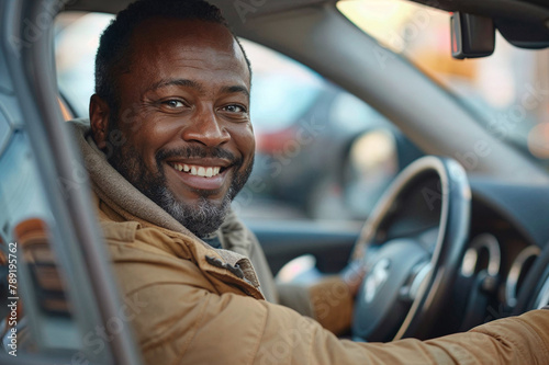 Happy African American Man Smiling in His Car