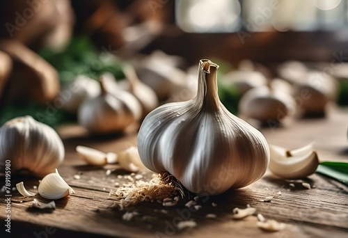 AI generated illustration of fresh garlic on a kitchen counter photo