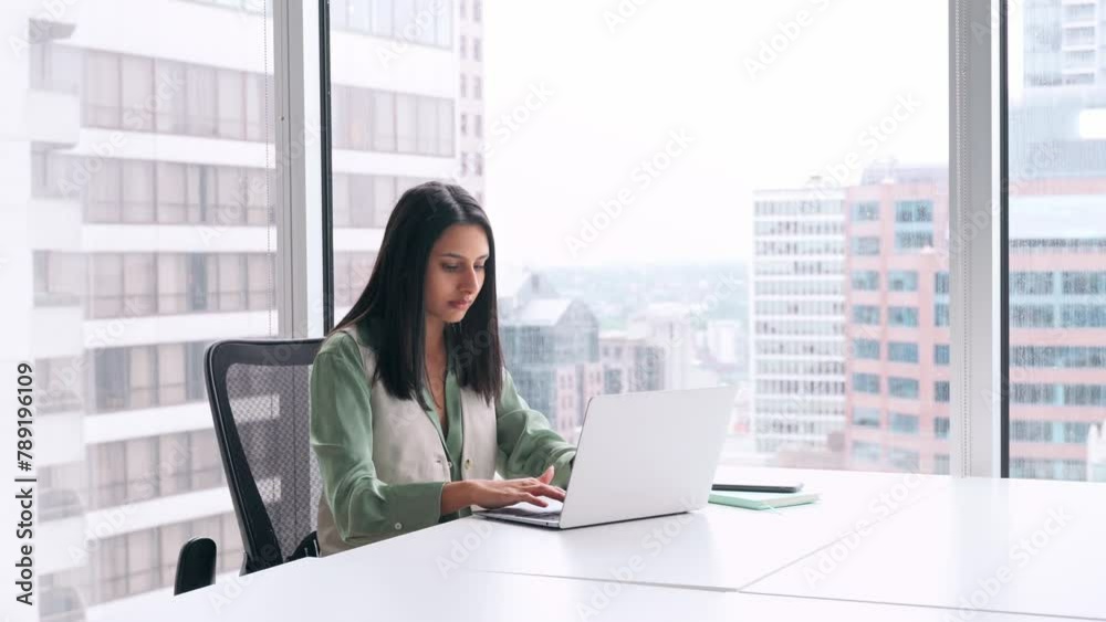 Young busy Indian business woman worker working on laptop in coworking office. Professional businesswoman employee using computer, typing on pc in modern space in skyscraper near big window.