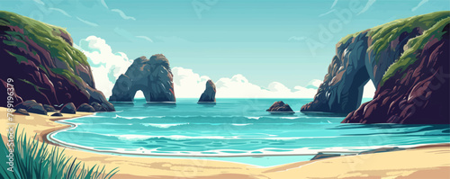 A peaceful coastal cove with golden sands, turquoise waters, and towering sea stacks. Vector flat minimalistic isolated illustration.