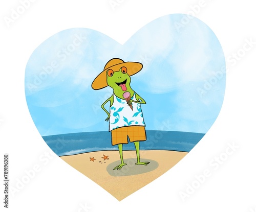 Funny frog eats ice cream on the beach. summer illustration