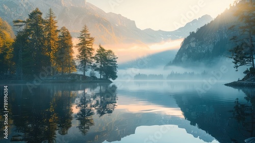Sunset at a calm mountain lake in Austria with mirror-like reflection #789196384