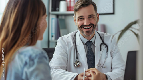 Smiling male doctor with patient at desk in office. Suitable for medical, healthcare, consultation, and doctorpatient communication concepts. photo