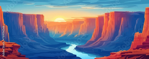 A breathtaking canyon vista with towering rock formations and a winding river below. Vector flat minimalistic isolated illustratio photo