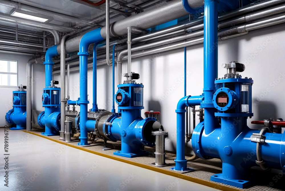 Pump Control Room Industry interior of water pump, valves, pressure gauges, motors inside ...