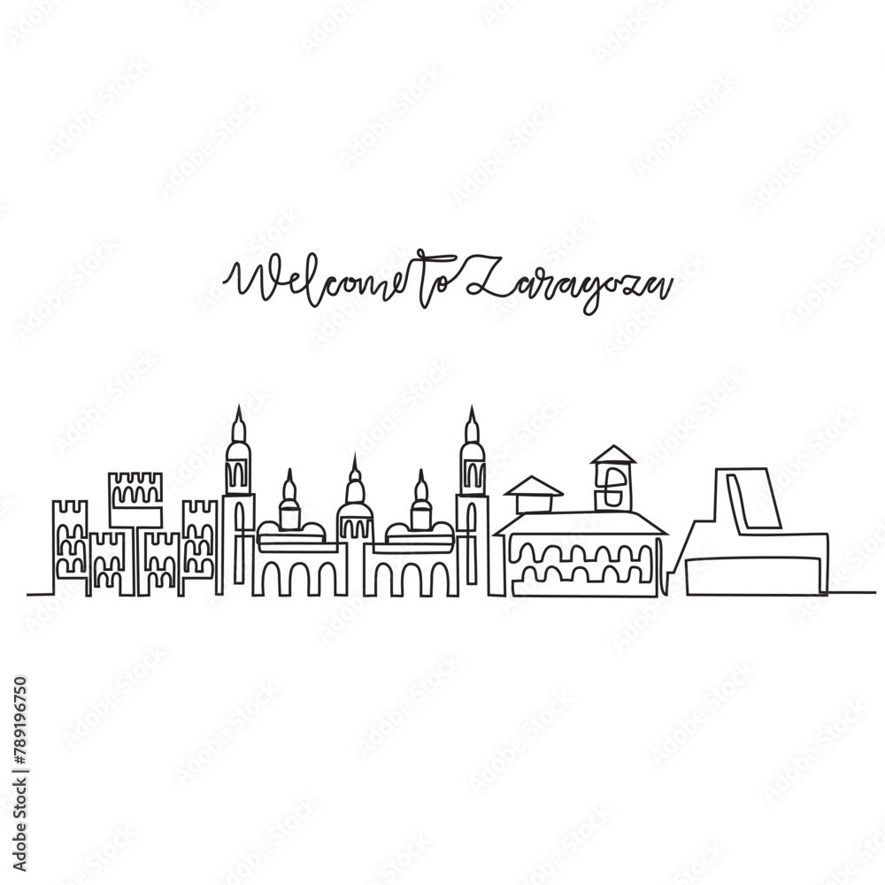 One continuous line drawing of Zaragoza skyline vector illustration. Modern city in Europe in simple linear style vector design concept. One of big city in Spain. Iconic architectural building design.