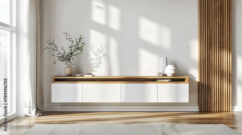 mockup wall in a living room interior with a white cabinet and wooden shelf on an empty blank background mockup wall in a living room interior with a white cabinet and wooden shelf on an empty blank background