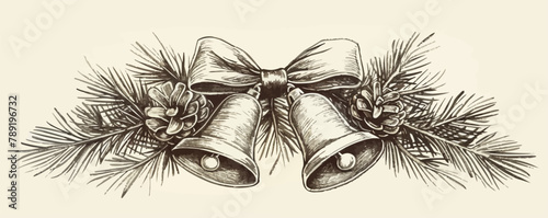 Christmas bells with a bow on a branch hand drawn sketch. vector simple illustration