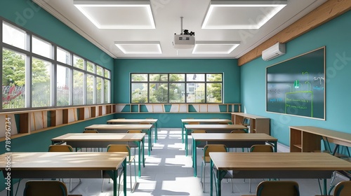 Spacious modern classroom with wooden desks and an interactive blackboard, framed by teal walls and natural light.