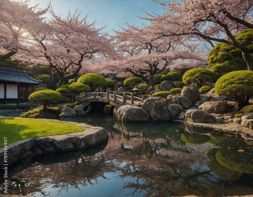 Tranquil Japanese garden with cherry blossom trees
