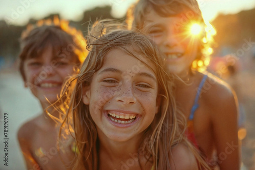 Joyful Kids Enjoying Summer Camp at Sunset