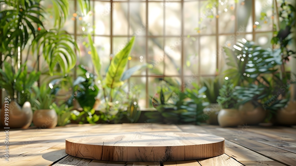 Fototapeta premium A front view of a Bohemian-style rustic wood podium, focused and highlighted to emphasize its handcrafted details and natural texture.