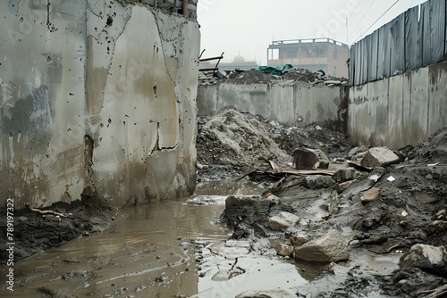 An image showing the construction of walls with visible moisture and muddiness following a rain, highlighting the challenges in building under wet conditions. photo