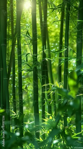 tranquil escape into nature, a dense bamboo thicket bathed in sunlight offering calm and harmony
