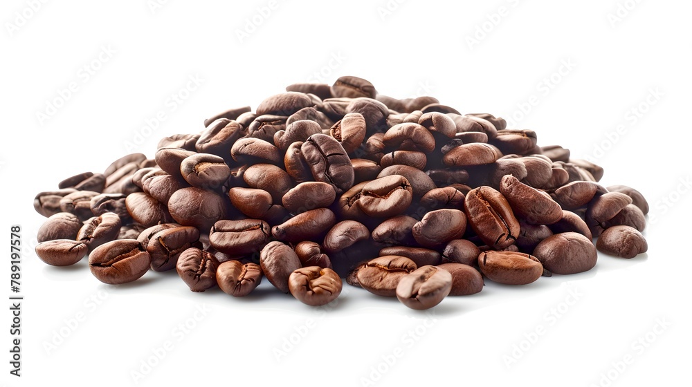 Naklejka premium Aromatic Coffee Beans Heap Isolated on White Background. Perfect for Breakfast Advertisement, Food Blogs. Close-Up View. AI