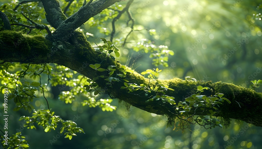 Fototapeta premium A dense green tree forest, where the tree branches are thickly covered with lush moss, offers a mysterious and natural ambiance, perfect for explorations and nature photography.