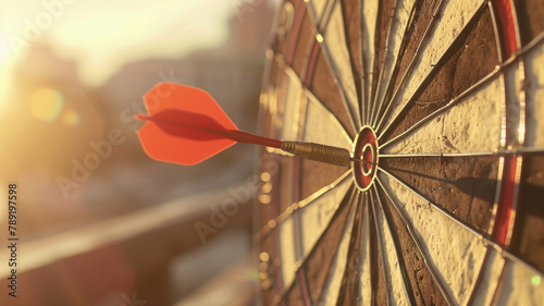 Red dart arrow hitting in the target center of dartboard on bullseye, Target marketing and business success concept