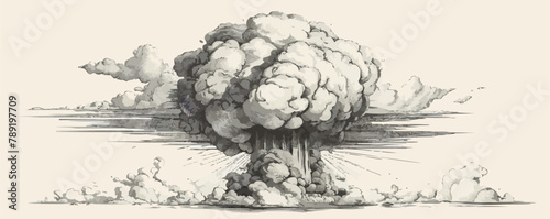 Nuclear explosion hand drawn engraving style sketch Vector illustration.