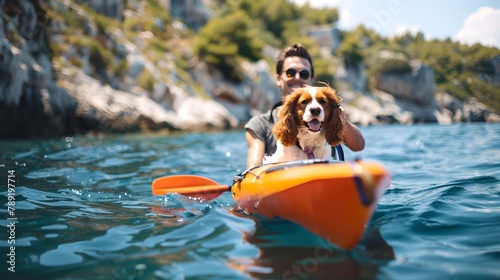 Man and His Dog Enjoying a Kayak Adventure in Serene Waters. Outdoor Lifestyle, Friendship Moments Captured. Lively, Natural Photography for Stock. AI