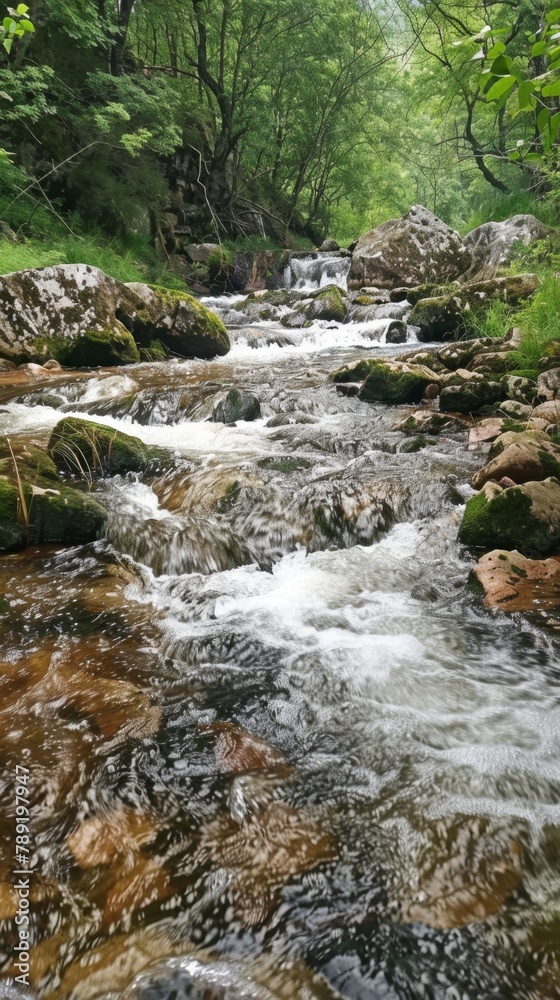 Stream running through a forest filled with rocks. Vertical background. Stream running through a forest filled with rocks. Vertical background.