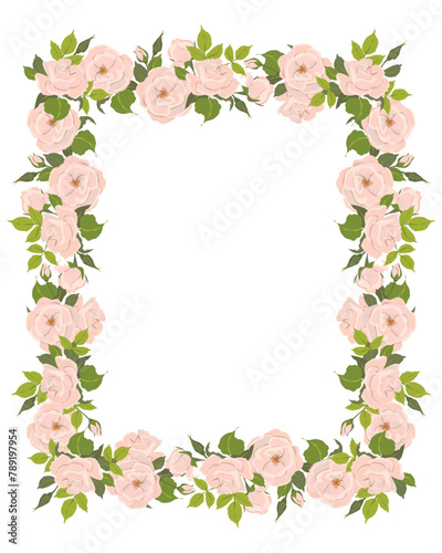 Romantic floral vertical frame, elegant pastel pink flowers, buds and green leaves. A wreath of summer flowers for a wedding invitation in Provence style. Vector flat illustration.