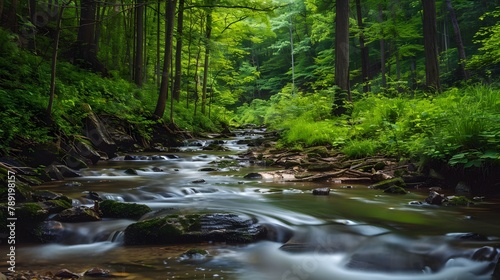  A tranquil mountain brook meandering through verdant woods, creating a serene and picturesque natural landscape.