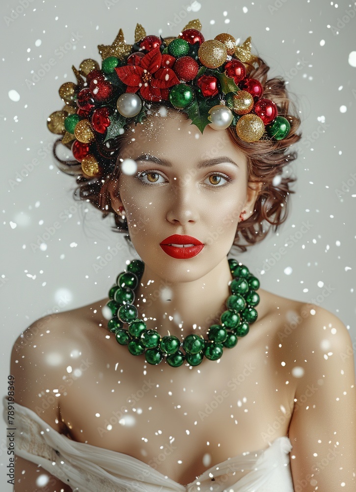 Beautiful woman with a Christmas tree head. Created with Ai technology.