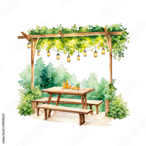 A cozy beer garden with wooden tables and benches surrounded by lush greenery and string lights watercolor illustration clipart isolated nature party celebration