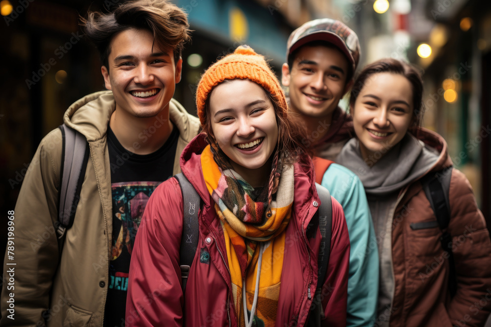 Smiling young friends in outerwear on street Smiling young friends in outerwear on street
