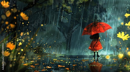 Little charmer under an umbrella, amid illustrated rain and puddles, creating a playful and wet wonderland photo