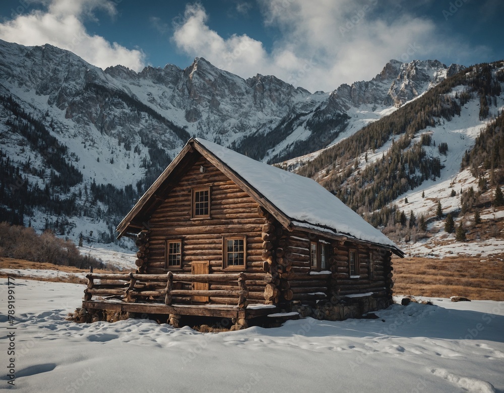Rustic wooden cabin nestled in snowy mountains
