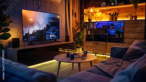 Cozy scandinavian stlye living room with home entertainment center at night photo