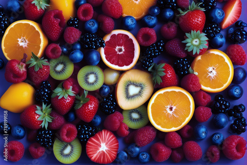 Assortment of healthy raw fruits and berries platter background