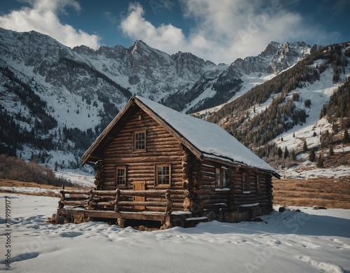 Rustic wooden cabin nestled in snowy mountains 