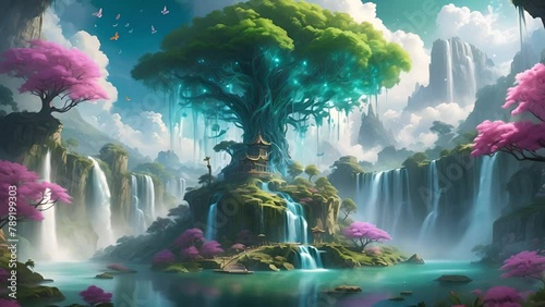 光る緑の木と滝の自然風景,Generative AI 