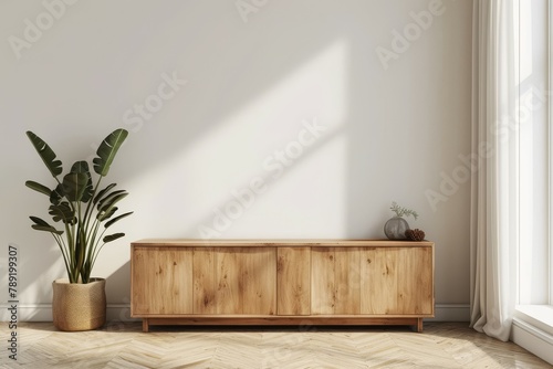Empty Whyte wall mockup with a wooden cabinet and a plant pot on a parquet floor. White wall background in a sunlit minimalist living room mockup photo
