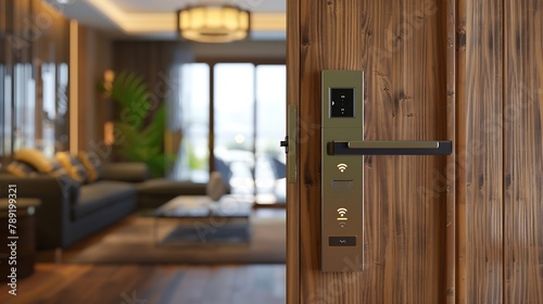 Digital door lock installed on wood door for security and access the room Door wood texture with electronic door lock opened in front of blur livingroom