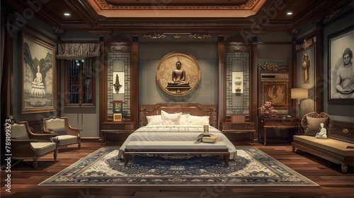 Luxurious hotel room with Asian and Italian architectural influences, adorned with intricate sculptures, golden decor, and ornate religious motifs photo