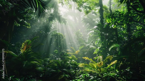 Sunlight filtering through the dense foliage of a tropical rainforest, illuminating a lush jungle floor teeming with vibrant plant life and exotic flora