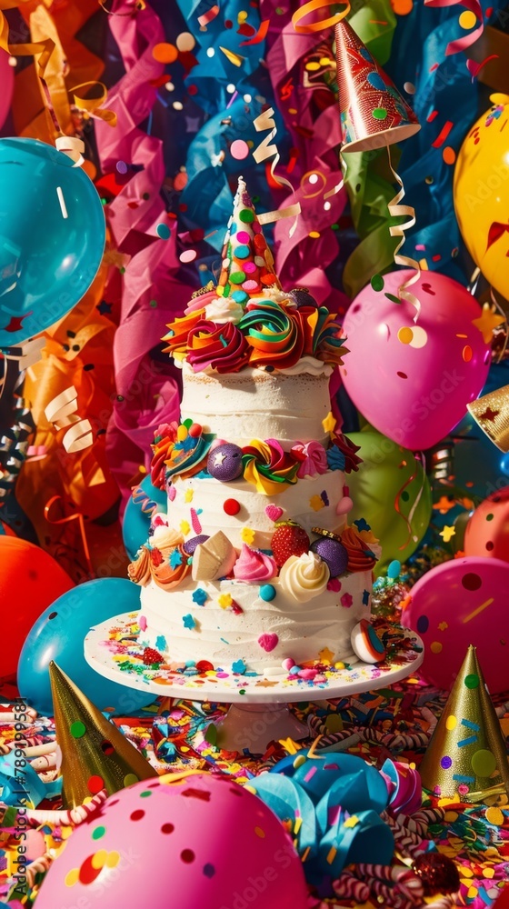 Brightly colored balloons and a cake are in the foreground. Vertical background. 