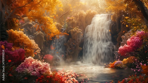 Autumn waterfall in the forest, surrounded by green trees and rocks, amidst the natural beauty of a river stream, a serene getaway for travelers