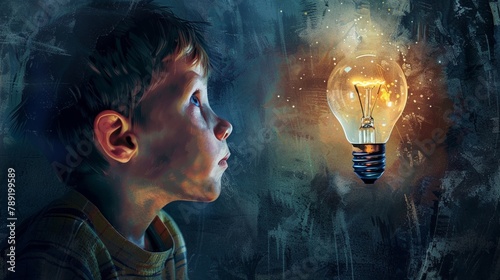 Brighteyed boy with a moment of insight, illustrated lightbulb shining above, inspiration glow photo