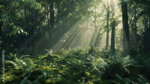 Sunlight streaming through a dense forest, illuminating a lush carpet of moss and ferns beneath towering trees in a serene woodland scene. 8k, realistic, full ultra HD, high resolution, and cinematic photo