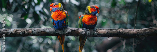 Two vibrant rainbow lorikeets sit on a branch, seemingly engaged in a conversation amidst a green backdrop photo