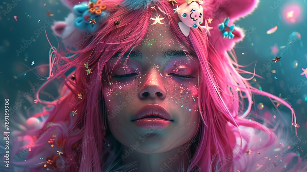 Whimsical woman, pink hair glowing, face painted with creativity, plush toys decorating her crown Whimsical woman, pink hair glowing, face painted with creativity, plush toys decorating her crown