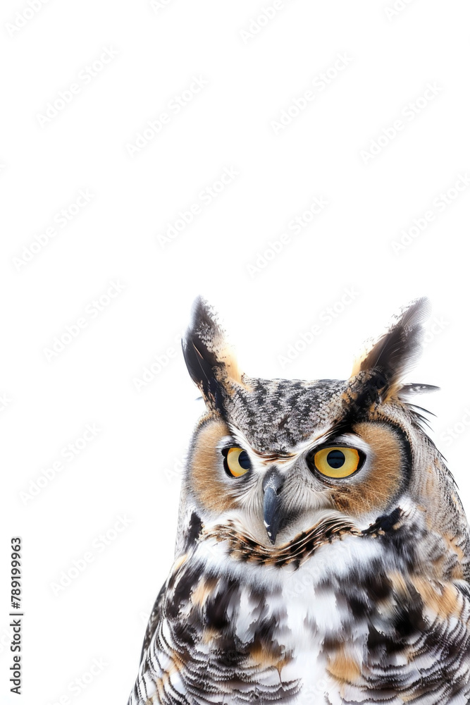 A large owl is sitting calmly on a clean white surface, with its feathers visible in intricate detail A large owl is sitting calmly on a clean white surface, with its feathers visible in intricate detail