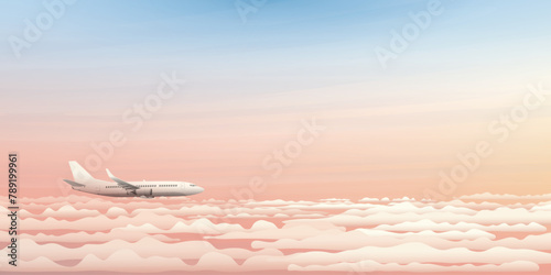 Airplane side view flying above the clouds with dramatic sky background vector illustration. Plane with sunset concept.