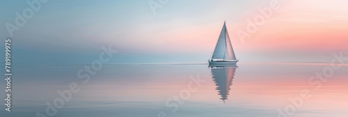 A sailboat peacefully floats on the calm waters, with its sail raised and reflecting in the sunlight photo