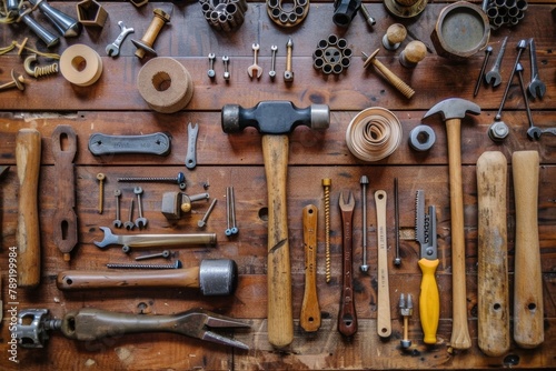 Many different tools on a wooden table. 