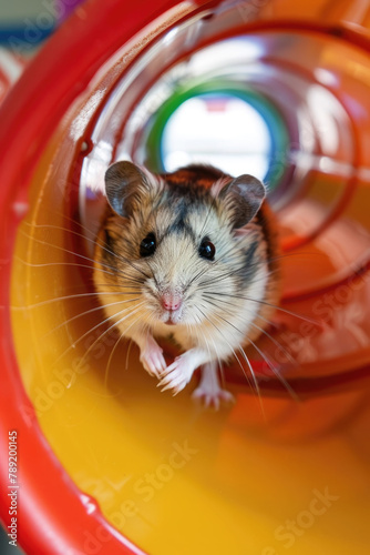 A hamster comfortably nestled inside a brightly colored red and yellow tube photo